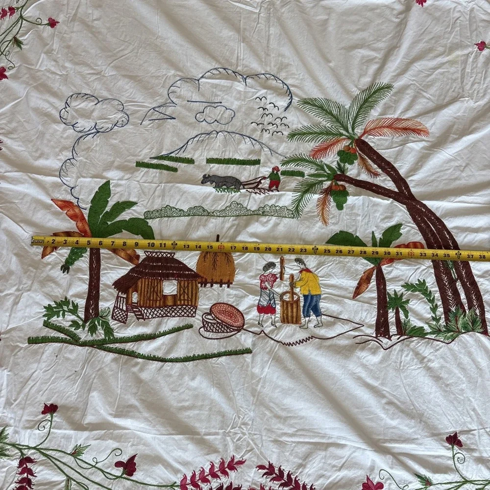 Rare Vintage Embroidered Island Scene 81x76 Bedsheet ART Flowers‎ Palms Mountain